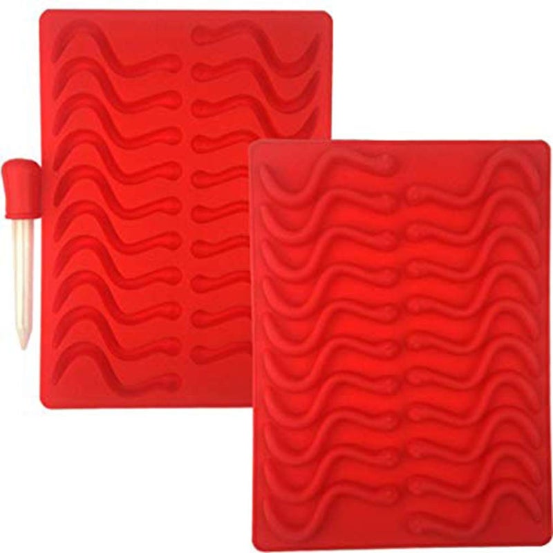 Mydio 20 Cavity Gummy Worm Silicone Molds with 1 Dropper,BPA Free,for DIY Candy,Cake DÃ©cor, Halloween Gummi Chocolate,Jelly Chocolate Soap Cake Wax,Red